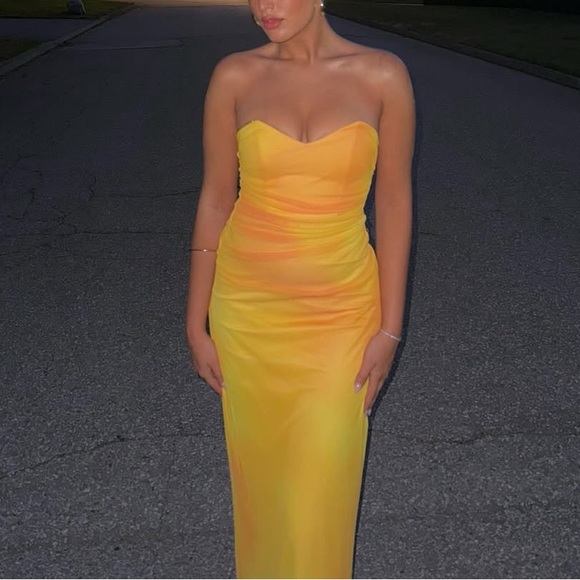 Zara NWT yellow orange tie dye printed tulle midi draped ruched sweetheart dress - Picture 2 of 16